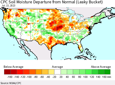 United States CPC Soil Moisture Departure from Normal (Leaky Bucket) Thematic Map For 7/11/2023 - 7/15/2023
