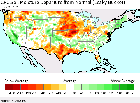 United States CPC Soil Moisture Anomaly (Leaky Bucket) Thematic Map For 7/21/2023 - 7/25/2023