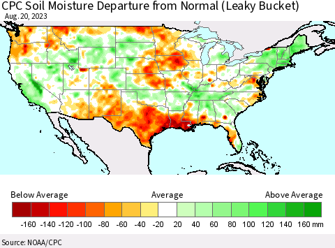 United States CPC Soil Moisture Departure from Normal (Leaky Bucket) Thematic Map For 8/16/2023 - 8/20/2023