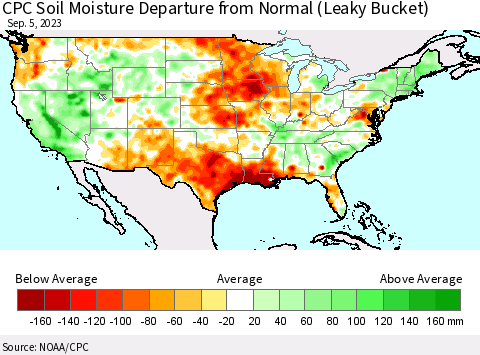 United States CPC Soil Moisture Departure from Normal (Leaky Bucket) Thematic Map For 9/1/2023 - 9/5/2023