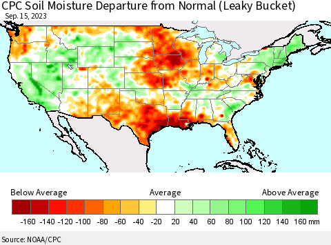 United States CPC Soil Moisture Departure from Normal (Leaky Bucket) Thematic Map For 9/11/2023 - 9/15/2023
