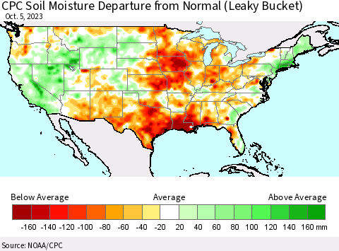 United States CPC Soil Moisture Departure from Normal (Leaky Bucket) Thematic Map For 10/1/2023 - 10/5/2023
