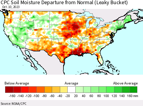 United States CPC Soil Moisture Departure from Normal (Leaky Bucket) Thematic Map For 10/6/2023 - 10/10/2023