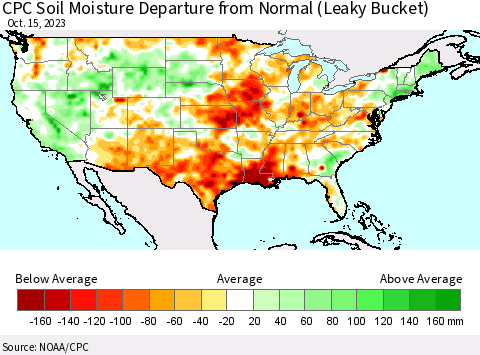 United States CPC Soil Moisture Departure from Normal (Leaky Bucket) Thematic Map For 10/11/2023 - 10/15/2023