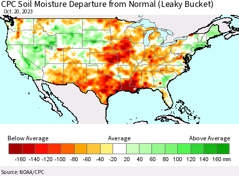 United States CPC Soil Moisture Departure from Normal (Leaky Bucket) Thematic Map For 10/16/2023 - 10/20/2023