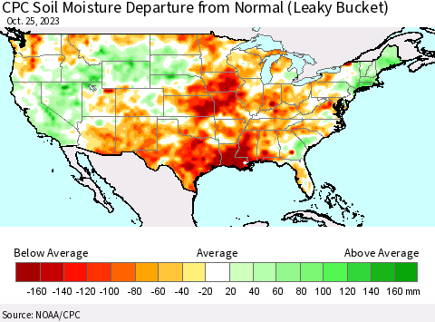 United States CPC Soil Moisture Departure from Normal (Leaky Bucket) Thematic Map For 10/21/2023 - 10/25/2023