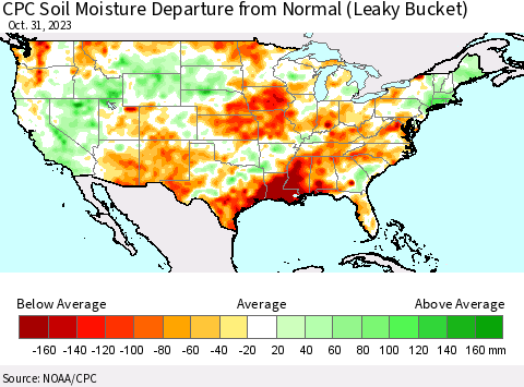 United States CPC Soil Moisture Departure from Normal (Leaky Bucket) Thematic Map For 10/26/2023 - 10/31/2023