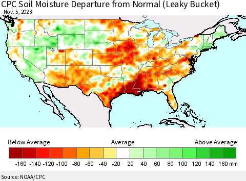 United States CPC Soil Moisture Departure from Normal (Leaky Bucket) Thematic Map For 11/1/2023 - 11/5/2023