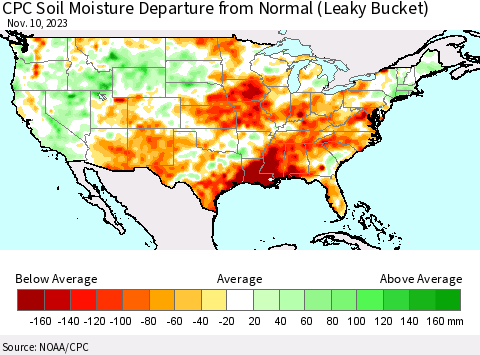 United States CPC Soil Moisture Departure from Normal (Leaky Bucket) Thematic Map For 11/6/2023 - 11/10/2023