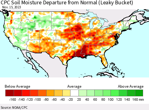 United States CPC Soil Moisture Departure from Normal (Leaky Bucket) Thematic Map For 11/11/2023 - 11/15/2023