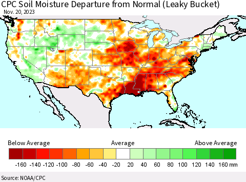 United States CPC Soil Moisture Departure from Normal (Leaky Bucket) Thematic Map For 11/16/2023 - 11/20/2023