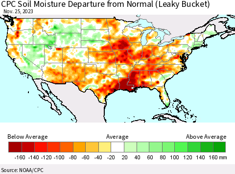 United States CPC Soil Moisture Departure from Normal (Leaky Bucket) Thematic Map For 11/21/2023 - 11/25/2023