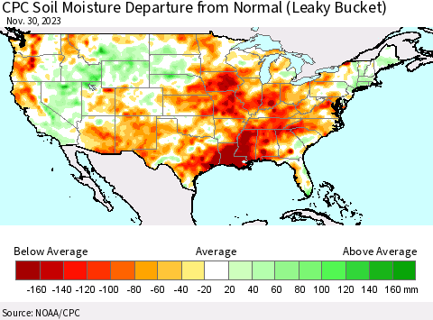 United States CPC Soil Moisture Departure from Normal (Leaky Bucket) Thematic Map For 11/26/2023 - 11/30/2023