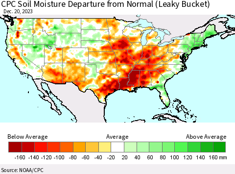 United States CPC Soil Moisture Departure from Normal (Leaky Bucket) Thematic Map For 12/16/2023 - 12/20/2023