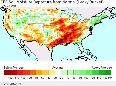 United States CPC Soil Moisture Departure from Normal (Leaky Bucket) Thematic Map For 12/21/2023 - 12/25/2023