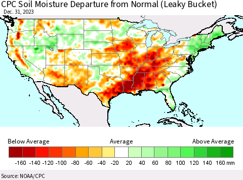 United States CPC Soil Moisture Departure from Normal (Leaky Bucket) Thematic Map For 12/26/2023 - 12/31/2023