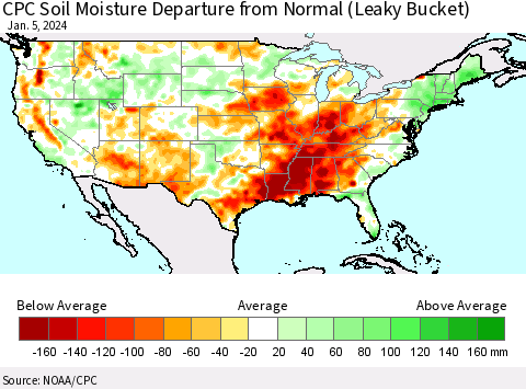 United States CPC Soil Moisture Departure from Normal (Leaky Bucket) Thematic Map For 1/1/2024 - 1/5/2024