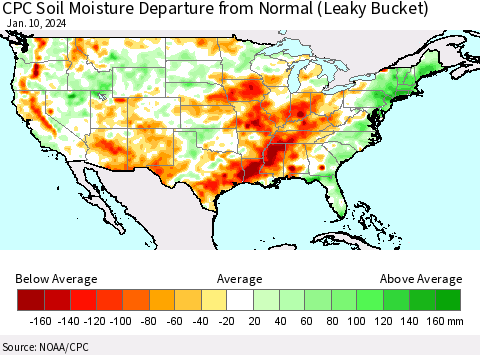 United States CPC Soil Moisture Departure from Normal (Leaky Bucket) Thematic Map For 1/6/2024 - 1/10/2024
