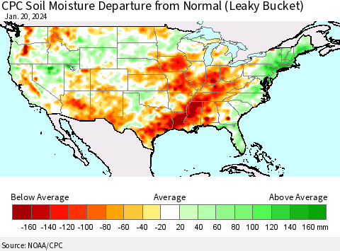 United States CPC Soil Moisture Departure from Normal (Leaky Bucket) Thematic Map For 1/16/2024 - 1/20/2024
