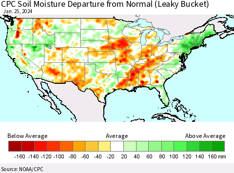 United States CPC Soil Moisture Departure from Normal (Leaky Bucket) Thematic Map For 1/21/2024 - 1/25/2024