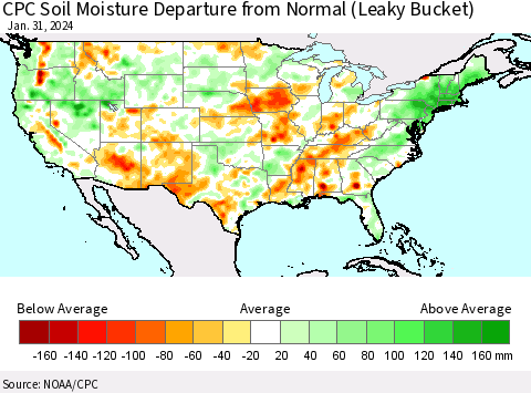 United States CPC Soil Moisture Departure from Normal (Leaky Bucket) Thematic Map For 1/26/2024 - 1/31/2024