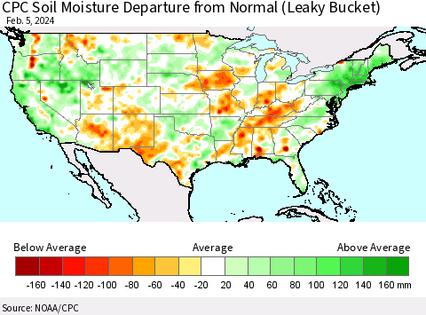 United States CPC Soil Moisture Departure from Normal (Leaky Bucket) Thematic Map For 2/1/2024 - 2/5/2024