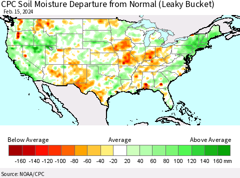 United States CPC Soil Moisture Departure from Normal (Leaky Bucket) Thematic Map For 2/11/2024 - 2/15/2024