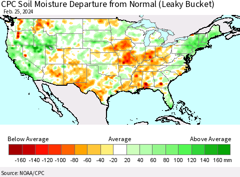 United States CPC Soil Moisture Departure from Normal (Leaky Bucket) Thematic Map For 2/21/2024 - 2/25/2024