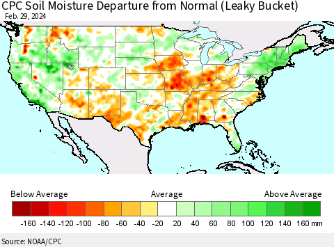 United States CPC Soil Moisture Departure from Normal (Leaky Bucket) Thematic Map For 2/26/2024 - 2/29/2024