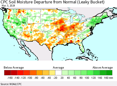 United States CPC Soil Moisture Departure from Normal (Leaky Bucket) Thematic Map For 3/1/2024 - 3/5/2024