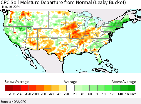 United States CPC Soil Moisture Departure from Normal (Leaky Bucket) Thematic Map For 3/6/2024 - 3/10/2024
