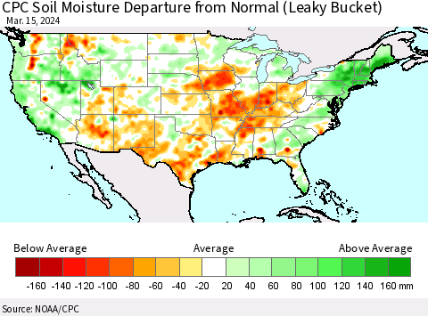 United States CPC Soil Moisture Departure from Normal (Leaky Bucket) Thematic Map For 3/11/2024 - 3/15/2024