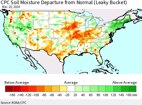 United States CPC Soil Moisture Departure from Normal (Leaky Bucket) Thematic Map For 3/16/2024 - 3/20/2024