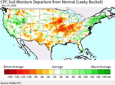 United States CPC Soil Moisture Departure from Normal (Leaky Bucket) Thematic Map For 3/21/2024 - 3/25/2024