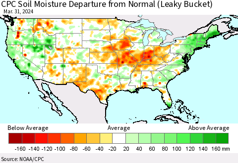 United States CPC Soil Moisture Departure from Normal (Leaky Bucket) Thematic Map For 3/26/2024 - 3/31/2024