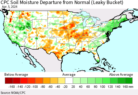 United States CPC Soil Moisture Departure from Normal (Leaky Bucket) Thematic Map For 4/1/2024 - 4/5/2024