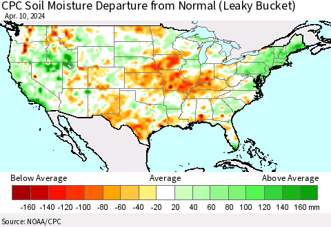 United States CPC Soil Moisture Departure from Normal (Leaky Bucket) Thematic Map For 4/6/2024 - 4/10/2024