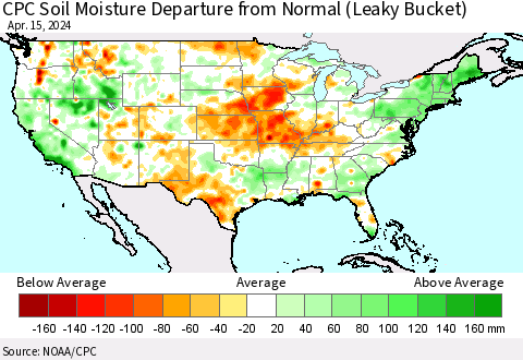 United States CPC Soil Moisture Departure from Normal (Leaky Bucket) Thematic Map For 4/11/2024 - 4/15/2024