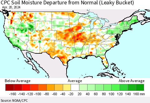 United States CPC Soil Moisture Departure from Normal (Leaky Bucket) Thematic Map For 4/16/2024 - 4/20/2024