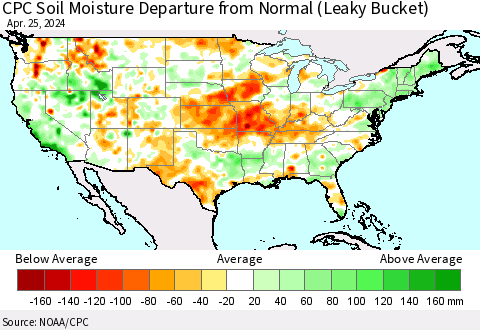 United States CPC Soil Moisture Departure from Normal (Leaky Bucket) Thematic Map For 4/21/2024 - 4/25/2024