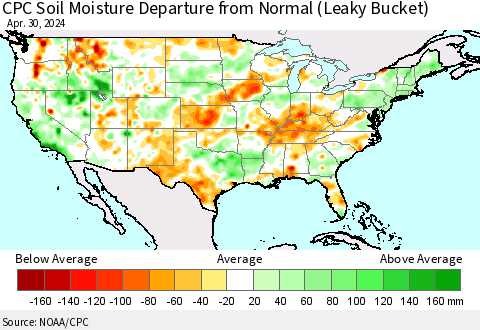 United States CPC Soil Moisture Departure from Normal (Leaky Bucket) Thematic Map For 4/26/2024 - 4/30/2024