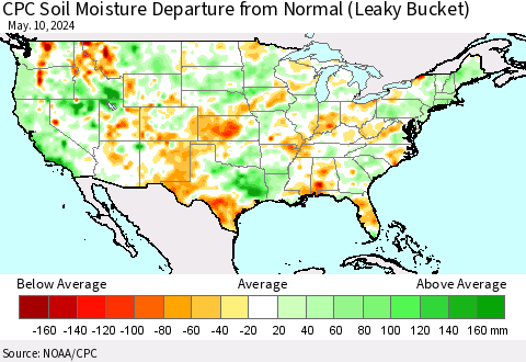 United States CPC Soil Moisture Departure from Normal (Leaky Bucket) Thematic Map For 5/6/2024 - 5/10/2024