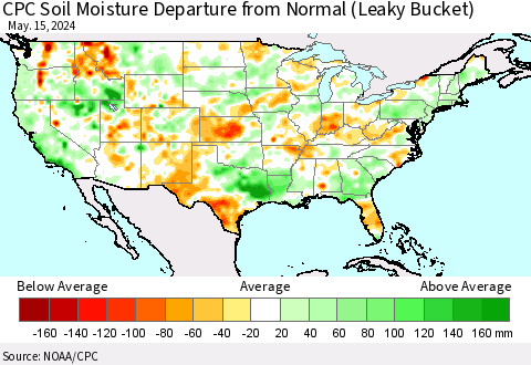 United States CPC Soil Moisture Departure from Normal (Leaky Bucket) Thematic Map For 5/11/2024 - 5/15/2024