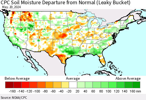 United States CPC Soil Moisture Departure from Normal (Leaky Bucket) Thematic Map For 5/16/2024 - 5/20/2024