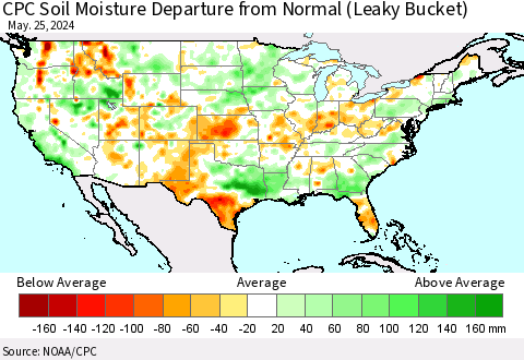 United States CPC Soil Moisture Departure from Normal (Leaky Bucket) Thematic Map For 5/21/2024 - 5/25/2024