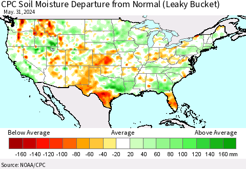 United States CPC Soil Moisture Departure from Normal (Leaky Bucket) Thematic Map For 5/26/2024 - 5/31/2024