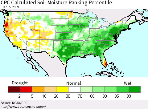 United States CPC Calculated Soil Moisture Ranking Percentile Thematic Map For 1/1/2019 - 1/5/2019