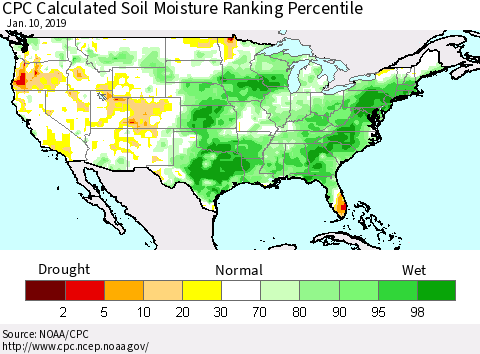 United States CPC Calculated Soil Moisture Ranking Percentile Thematic Map For 1/6/2019 - 1/10/2019