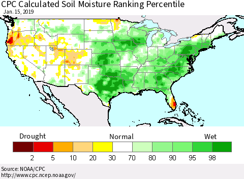 United States CPC Calculated Soil Moisture Ranking Percentile Thematic Map For 1/11/2019 - 1/15/2019