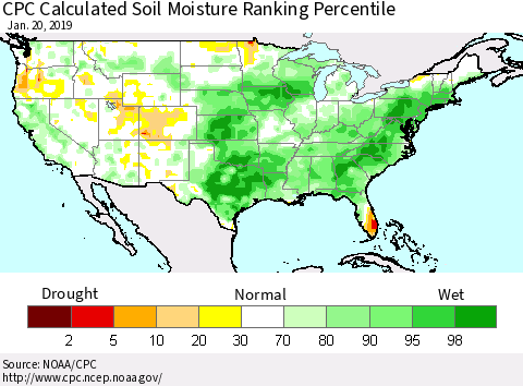 United States CPC Calculated Soil Moisture Ranking Percentile Thematic Map For 1/16/2019 - 1/20/2019